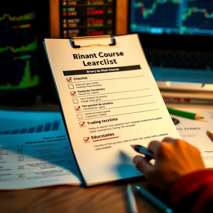 Choosing the Right Course for Binary Options Trading Illustration of a checklist and educational materials for selecting a financial trading course