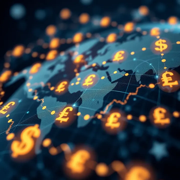Abstract illustration of global currency symbols connected through digital network
