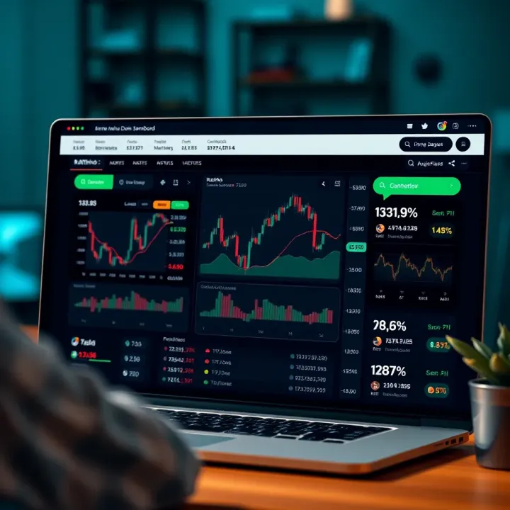 Trading platform interface showcasing Ratinho demo account dashboard with market charts and trading options