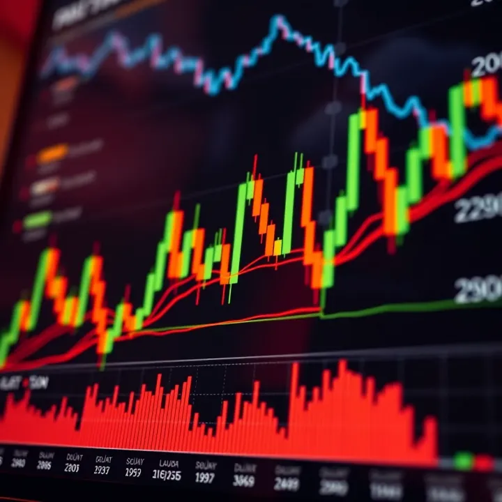Financial chart displaying candlestick patterns with clear upward and downward trends