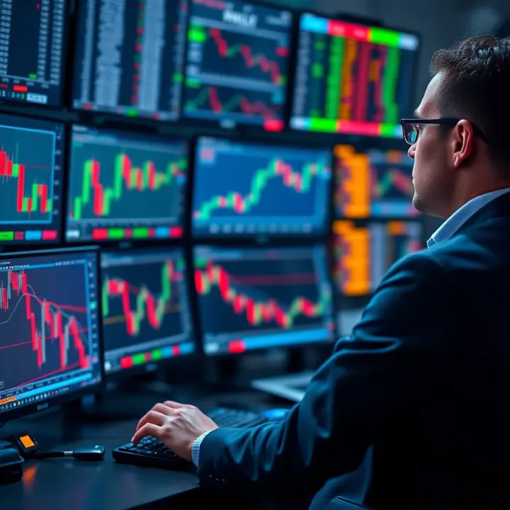Trader analyzing stock market data on multiple screens using price action strategy