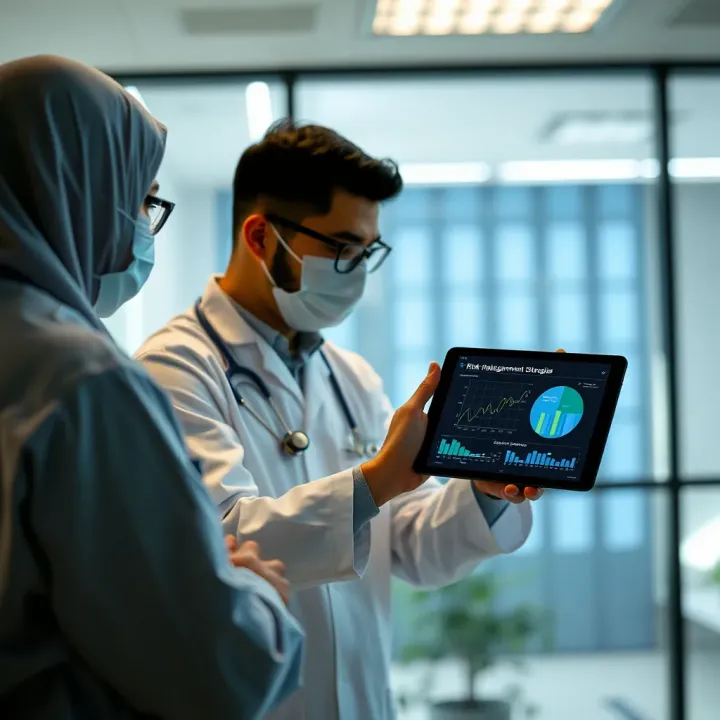Healthcare professionals reviewing risk management strategies on digital tablet