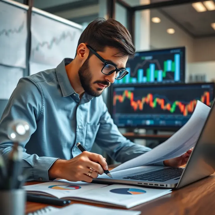 Investor Utilizing Economic Indicators and Forecasts for Better Investment Decisions Investor analyzing financial charts alongside economic indicators and forecasts
