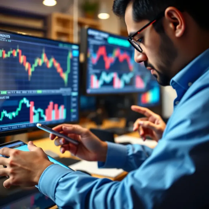Investor analyzing economic indicators and financial charts on a digital device
