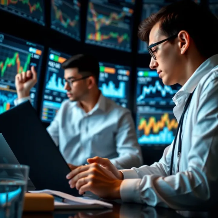 Business professionals analyzing charts and data on digital screens