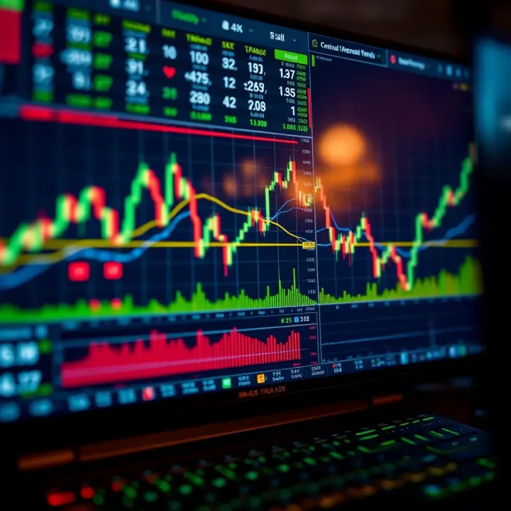 Illustration of a computer screen displaying stock market charts and trading indicators