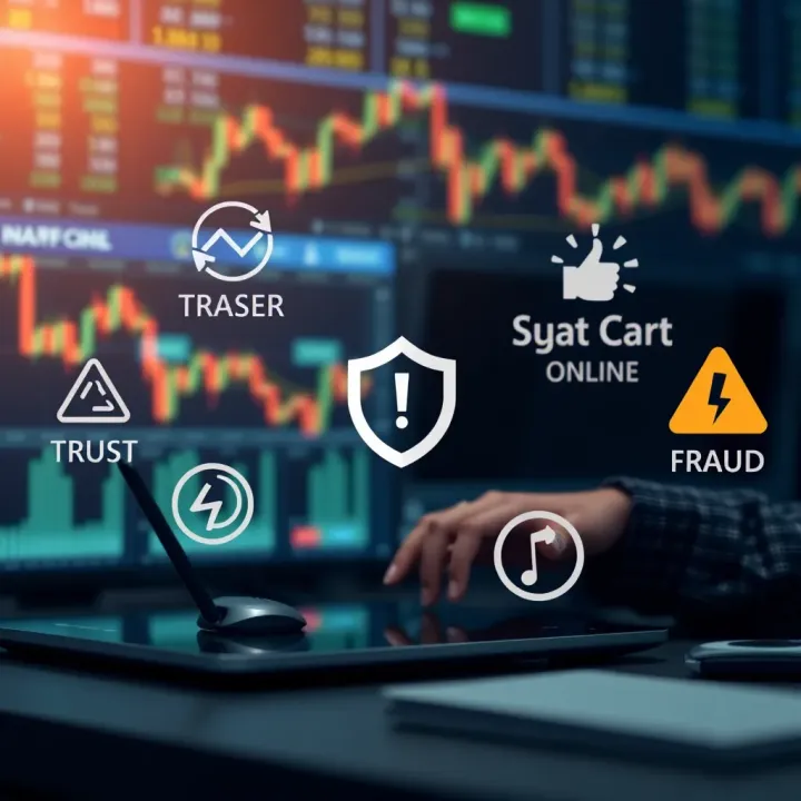 Illustration of secure online trading with trust and fraud prevention symbols