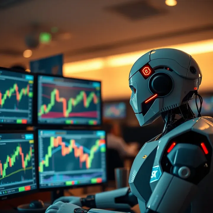 Illustration showing a digital robot analyzing binary options trading charts on multiple screens