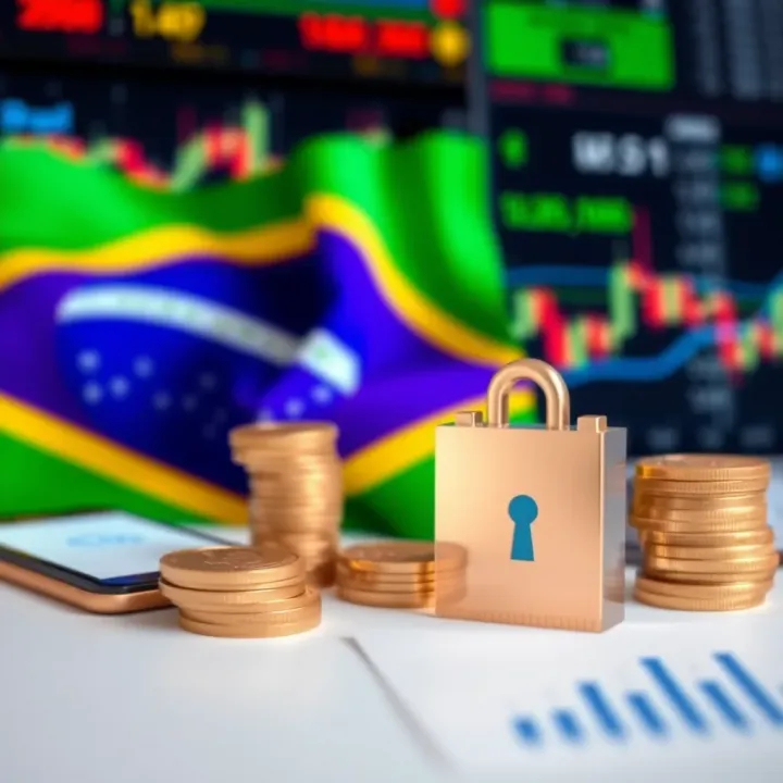 Conceptual graphic showing secure investment with financial charts and Brazilian flag elements