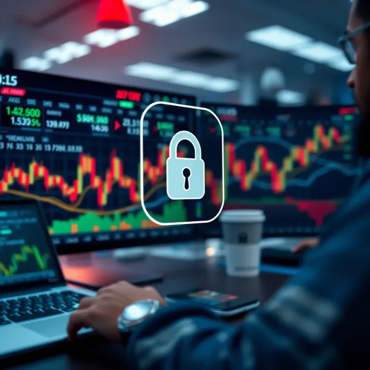 Conceptual illustration of secure online trading featuring digital security icons and trading graphs