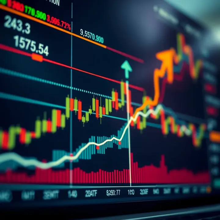 Graph showing binary options trading trends with arrows indicating market directions and data points