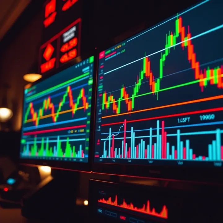 Binary options trading interface showing graphs and trading signals on a digital screen
