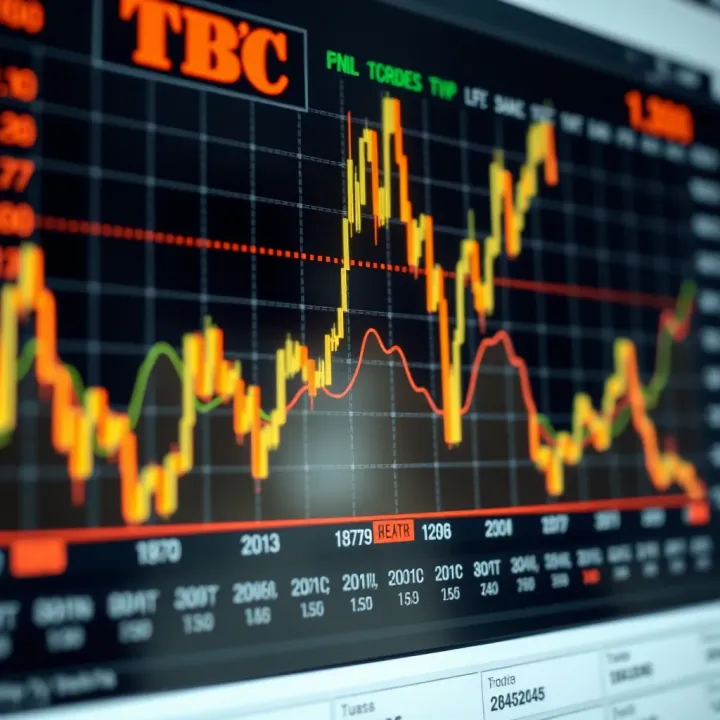 Graph showing fluctuations in stock prices with various market indicators